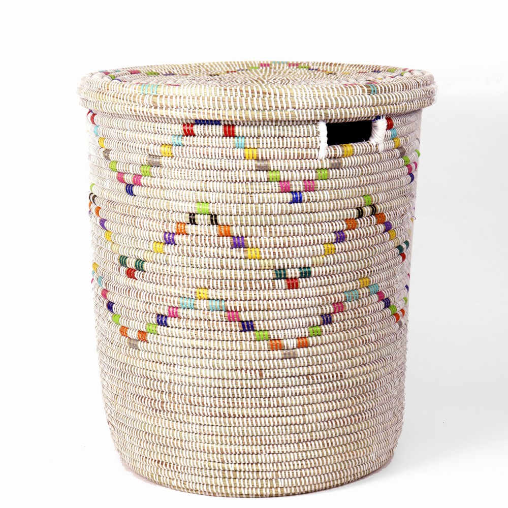 セネガル 蓋付き筒型カゴ 段々横ジグザグ柄 白マルチ 24SS一点物 @19000→15200