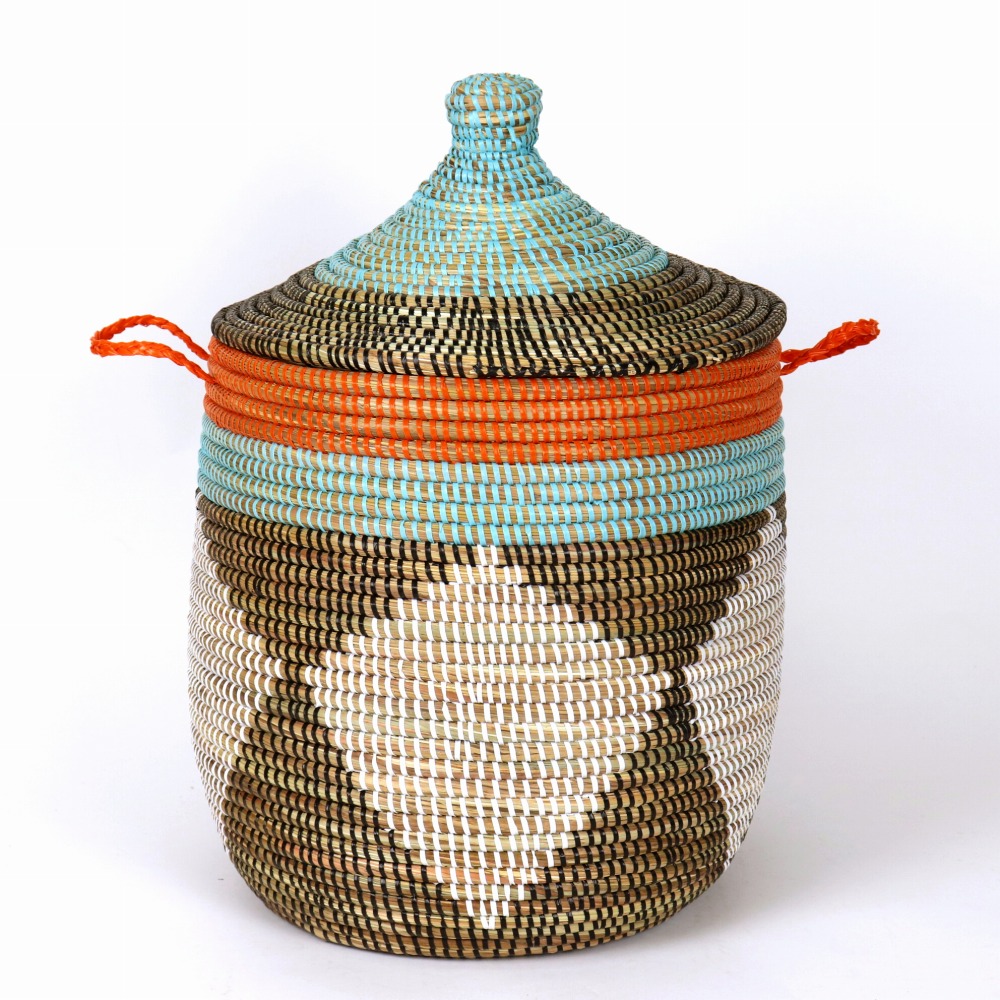 セネガル 蓋付きぷっくりカゴ ストライプダイヤ柄 白ターコ濃オレンジ黒 24SS一点物 @14000→11200