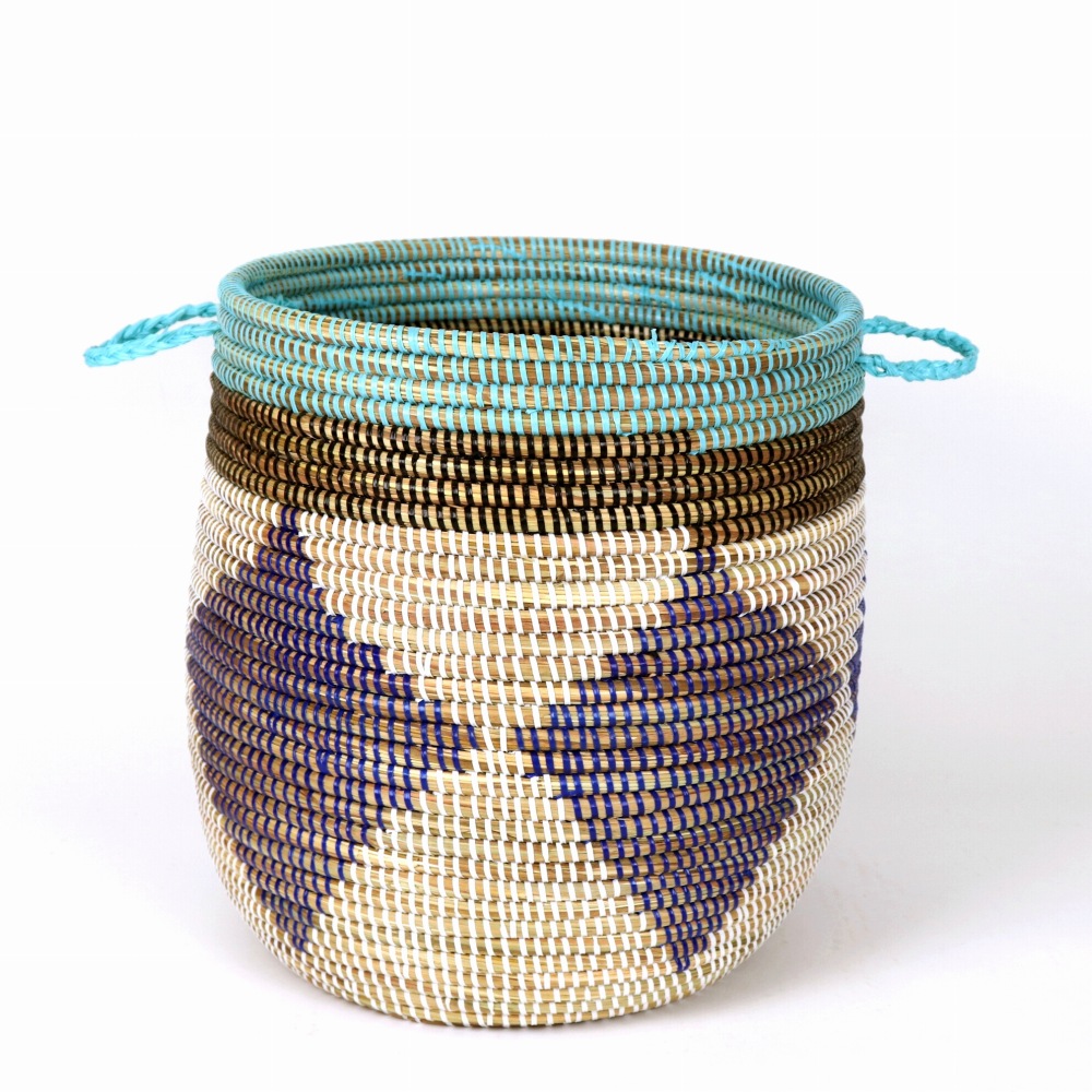 セネガル ぷっくりカゴ ストライプダイヤ柄 紺黒ターコ白
