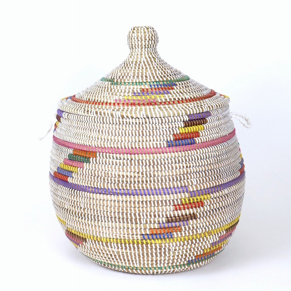セネガル 蓋付き横ぷっくりカゴ ストライプ階段柄 白マルチ 24SS一点物 @15000→12000