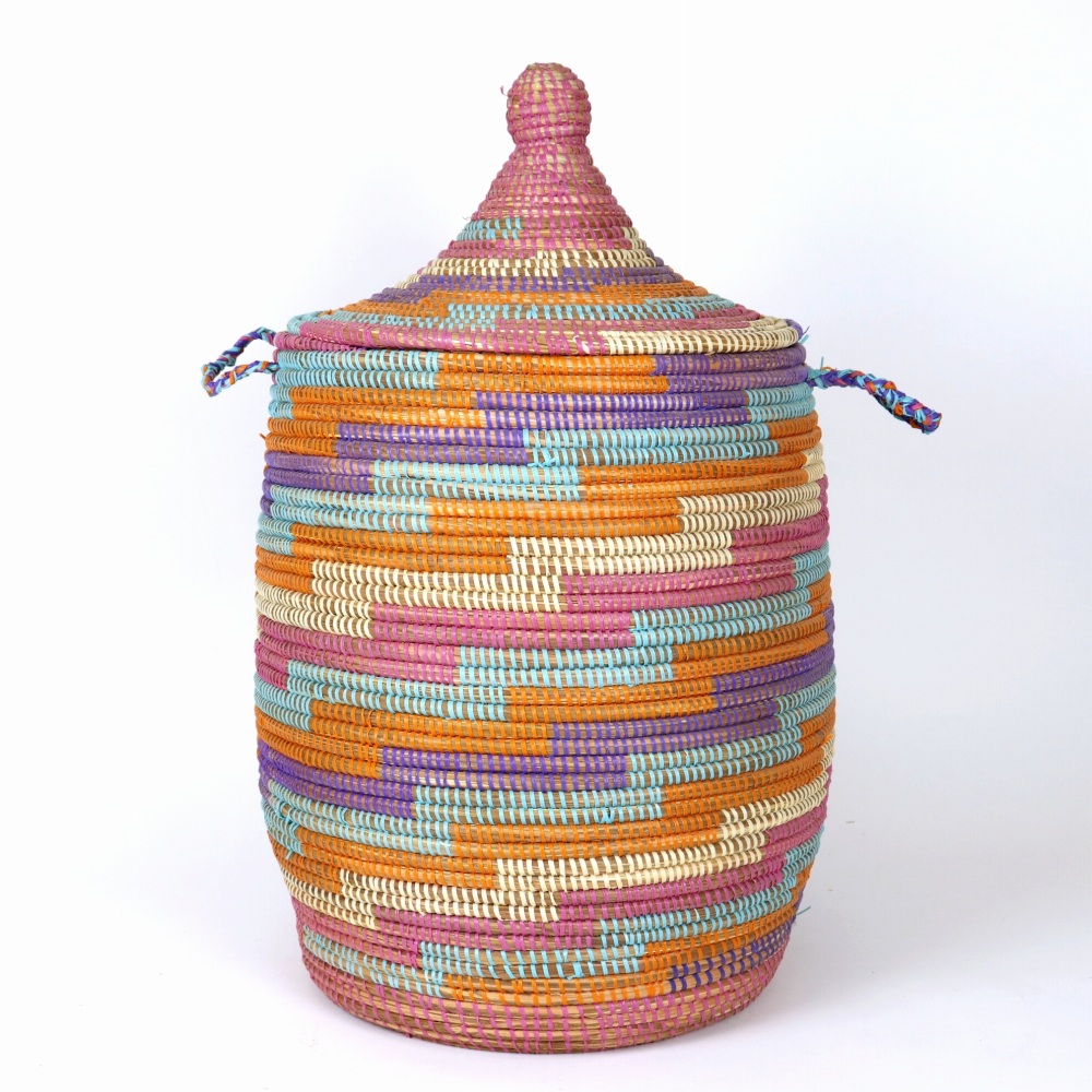 セネガル 蓋付きぷっくりカゴ 全面階段柄 紫ターコ濃オレンジクリームピンク 24SS一点物 @17000→13600