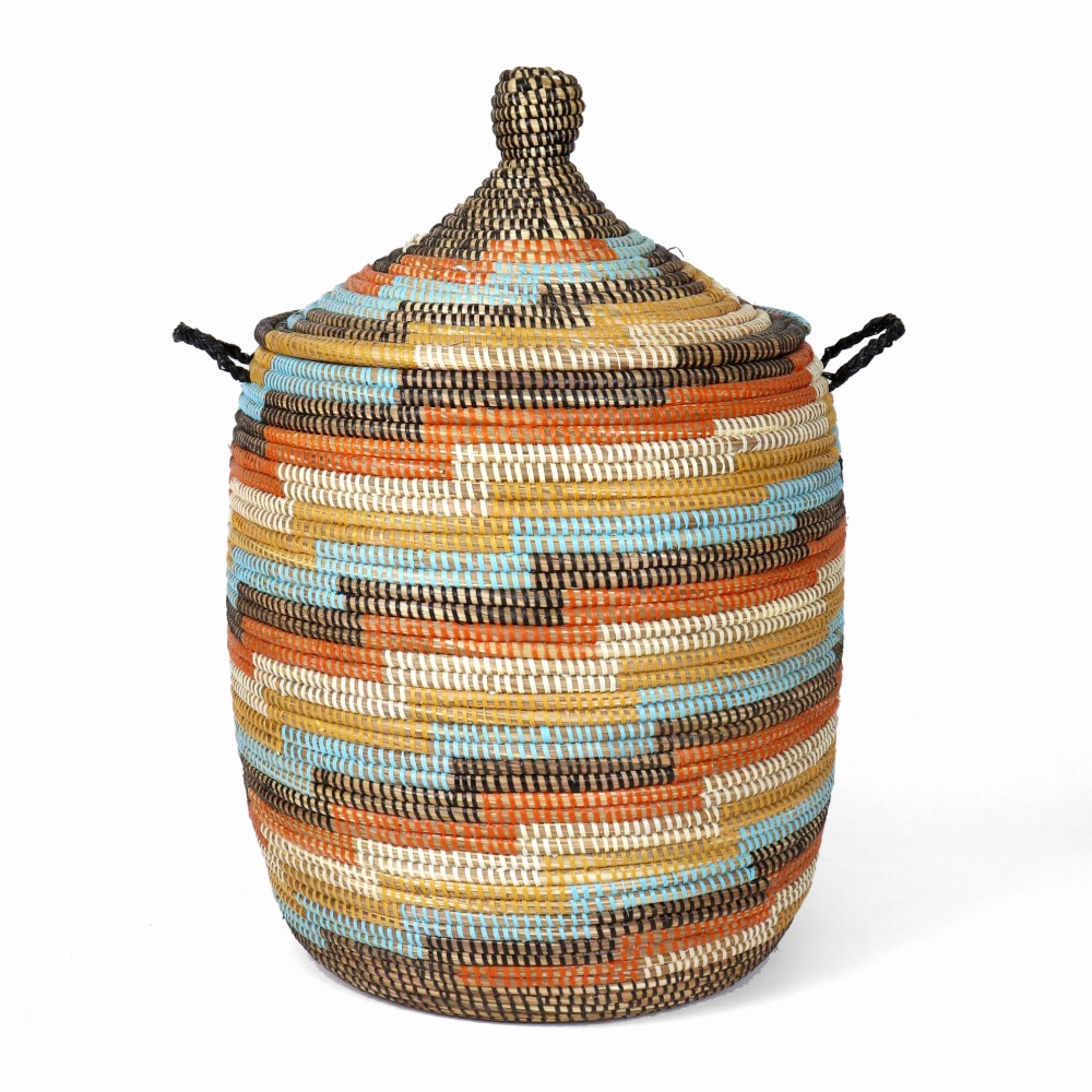 セネガル 蓋付きぷっくりカゴ 全面階段柄 ターメリック濃オレンジクリーム黒 24SS一点物 @17000→13600