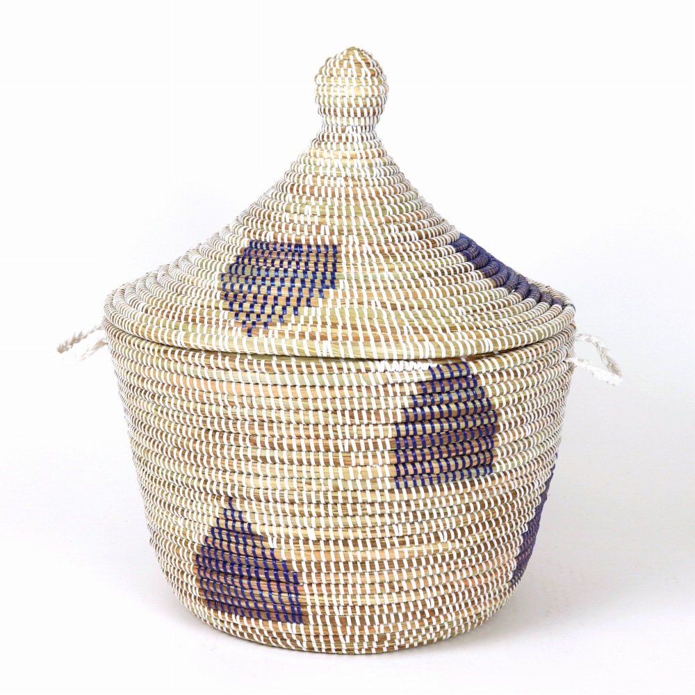セネガル 蓋付き幅広カゴ お家柄 白紺 24SS一点物 @12000→9600