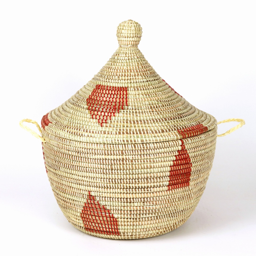 セネガル 蓋付き幅広カゴ お家柄 クリーム赤 24SS一点物 @12000→9600