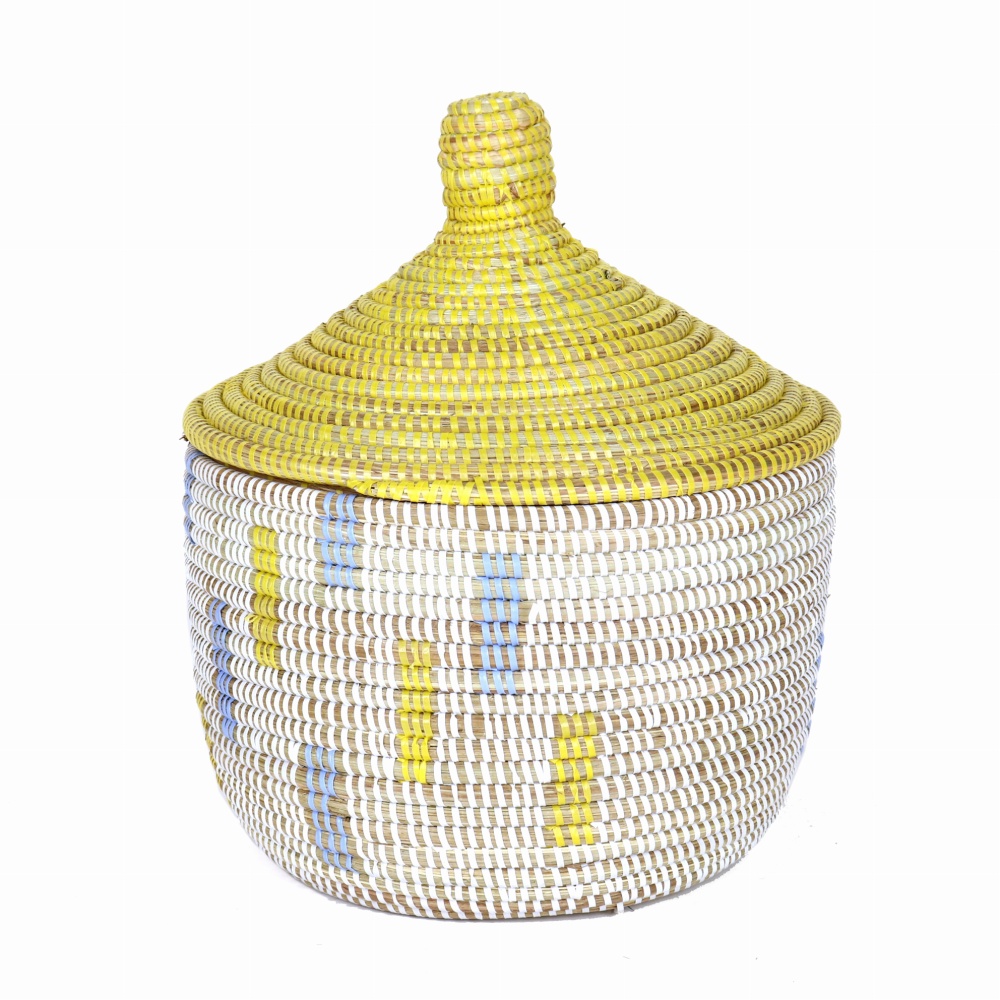 セネガル 蓋付きカゴ 蓋単色 窓柄 黄緑