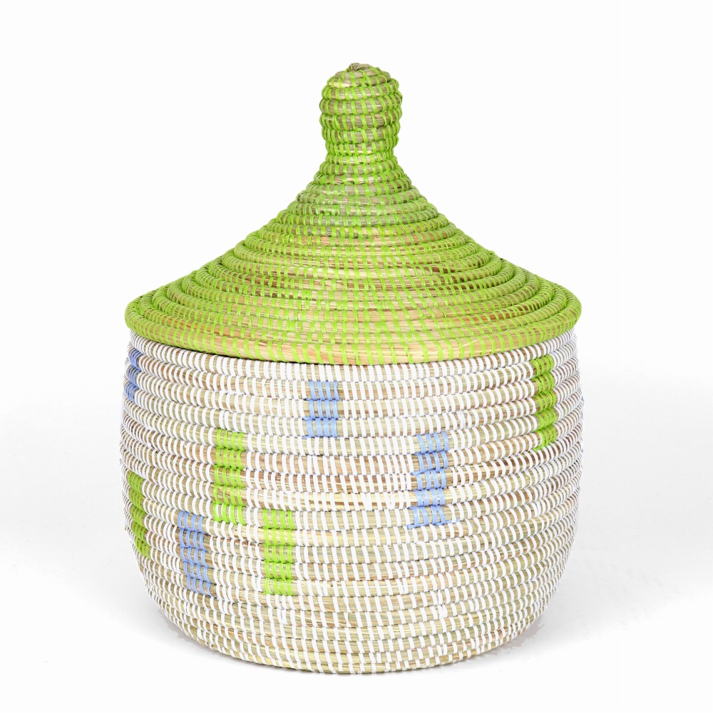 セネガル 蓋付きカゴ 蓋単色 窓柄 黄緑