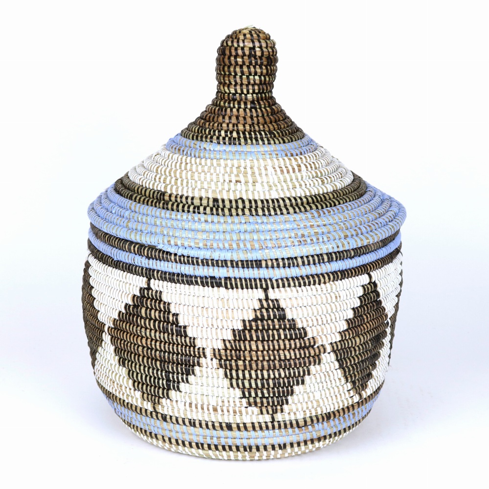 セネガル 蓋付きカゴ 蓋ストライプ ダイヤ柄 ペールブルー白黒 24SS一点物 @7800→6240