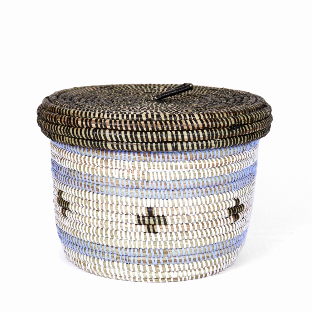 セネガル 蓋付き筒カゴ ストライプ十字架柄 黒ペールブルー白 大 24SS一点物 @6800→5440