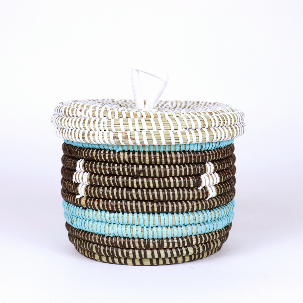 セネガル 蓋付き筒カゴ ストライプ十字架柄 白ターコ焦げ茶 小