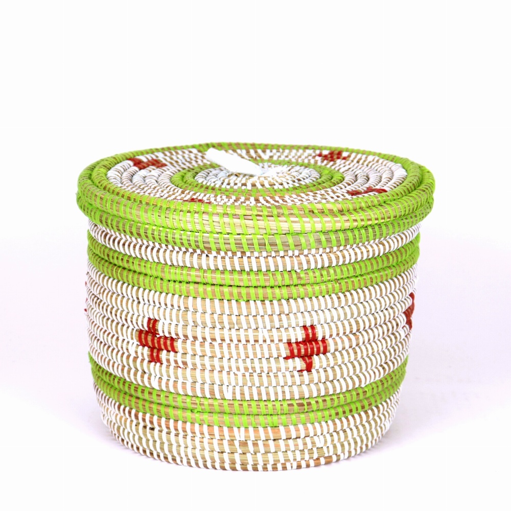 セネガル 蓋付き筒カゴ ストライプ十字架柄 黄緑赤白 大 24SS一点物 @6800→5440