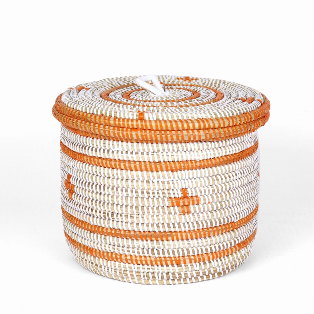 セネガル 蓋付き筒カゴ ストライプ十字架柄 白オレンジ 大 24SS一点物 @6800→5440
