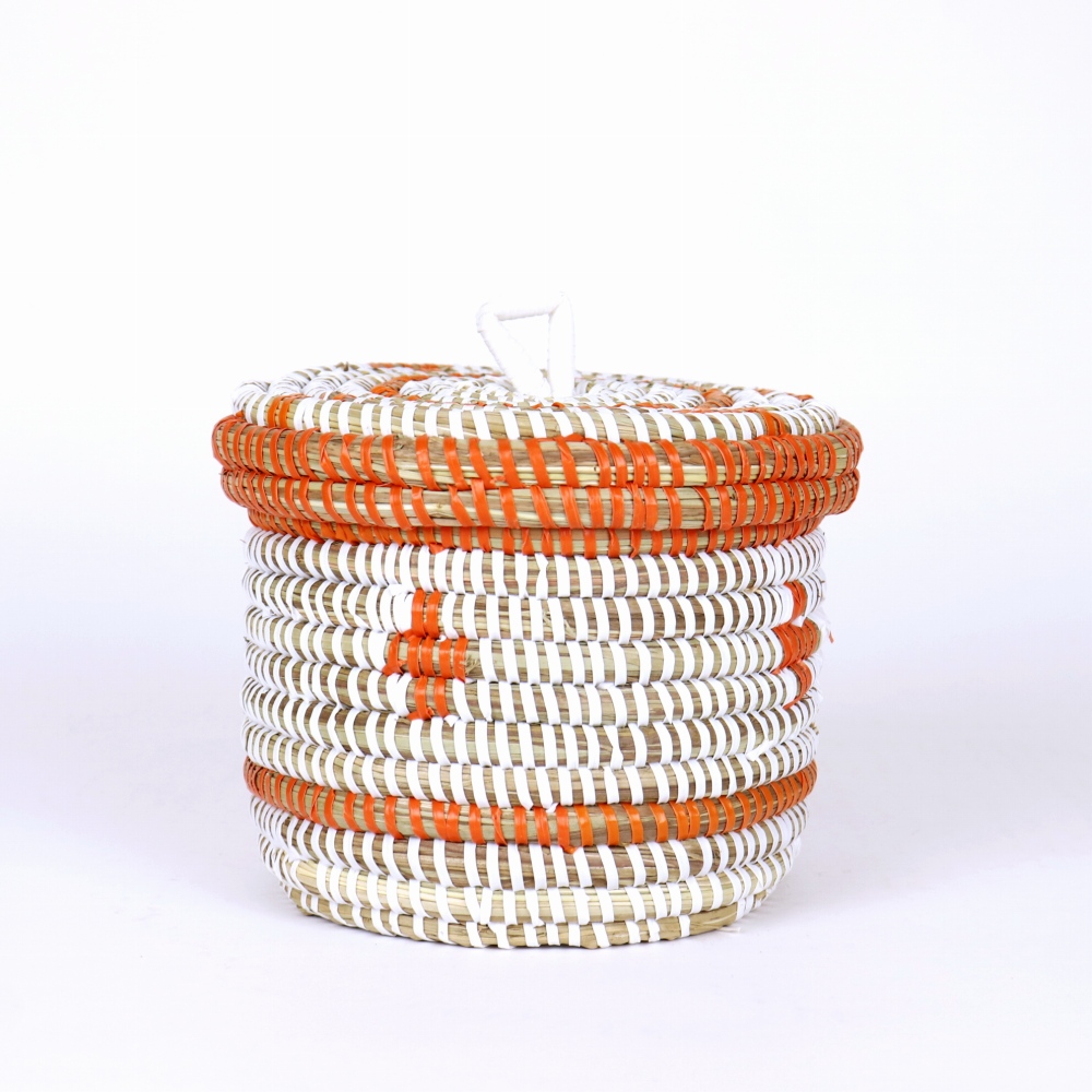セネガル 蓋付き筒カゴ ストライプ十字架柄 白オレンジ 小 24SS一点物 @4000→3200