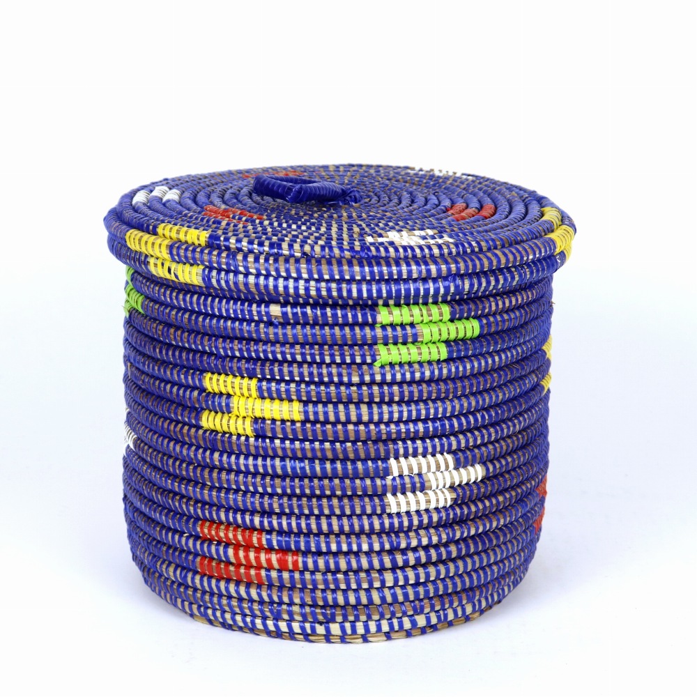 セネガル 蓋付き筒カゴ 段々 紺マルチ 大 24SS一点物 @6800→5440