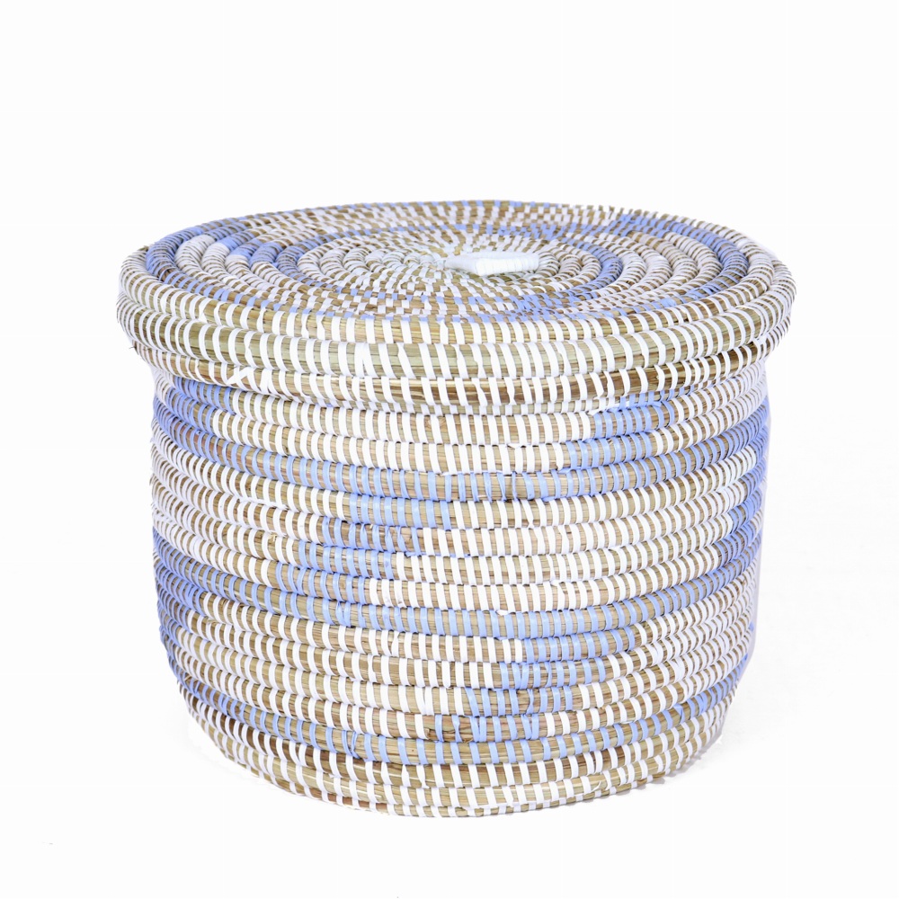 セネガル 蓋付き筒カゴ ストライプ段々柄 白ペールブルー 大 24SS一点物 @6800→5440