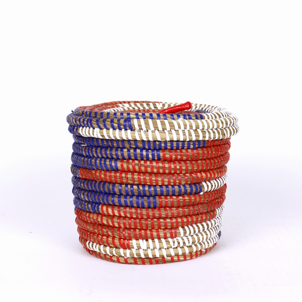 セネガル 蓋付き筒カゴ 雷柄 赤紺白 小 24SS一点物 @4000→3200