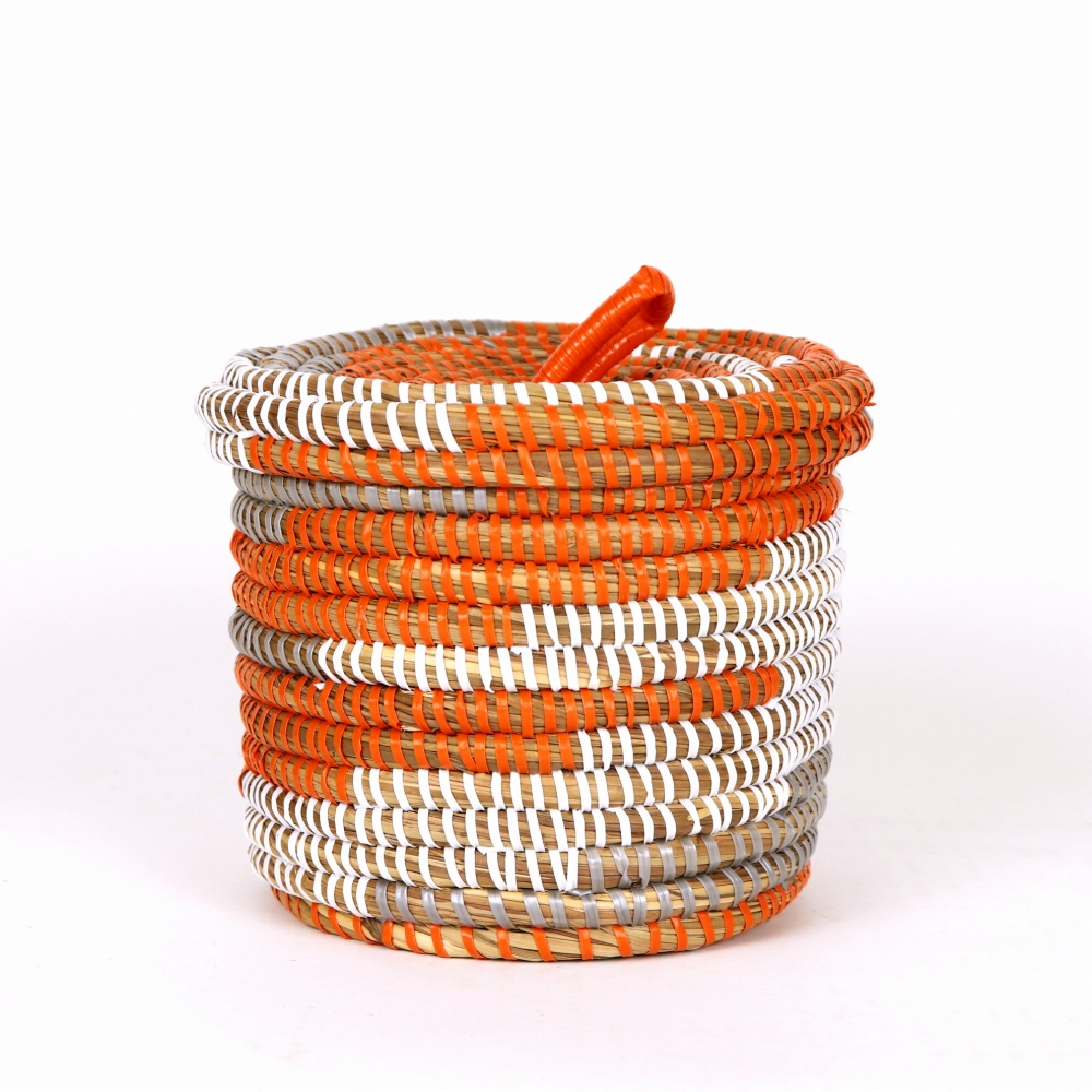 セネガル 蓋付き筒カゴ 雷柄 濃オレンジ白グレー 小 24SS一点物 @4000→3200