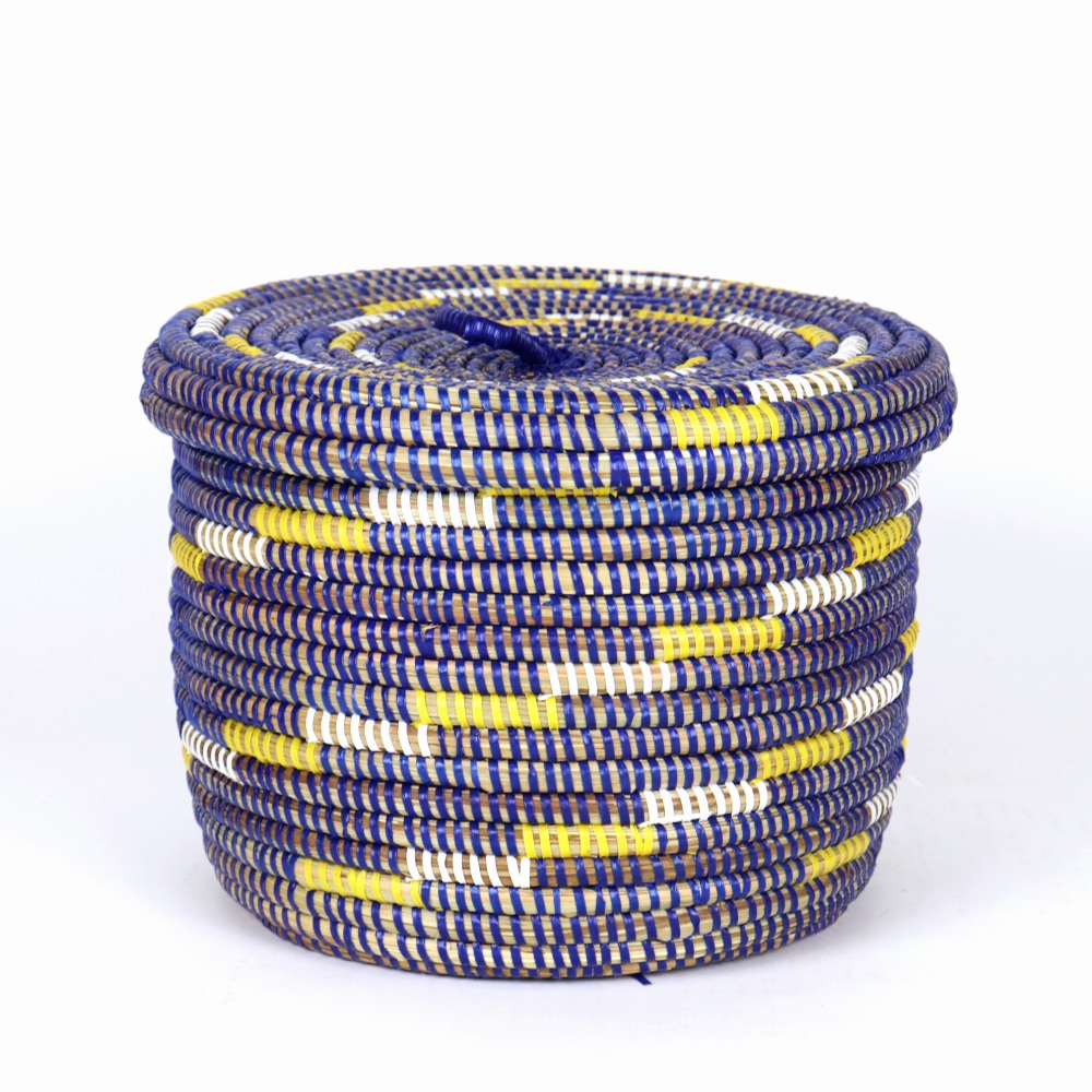 セネガル 蓋付き筒カゴ 段々柄 紺白黄 小 24SS一点物 @4000→3200
