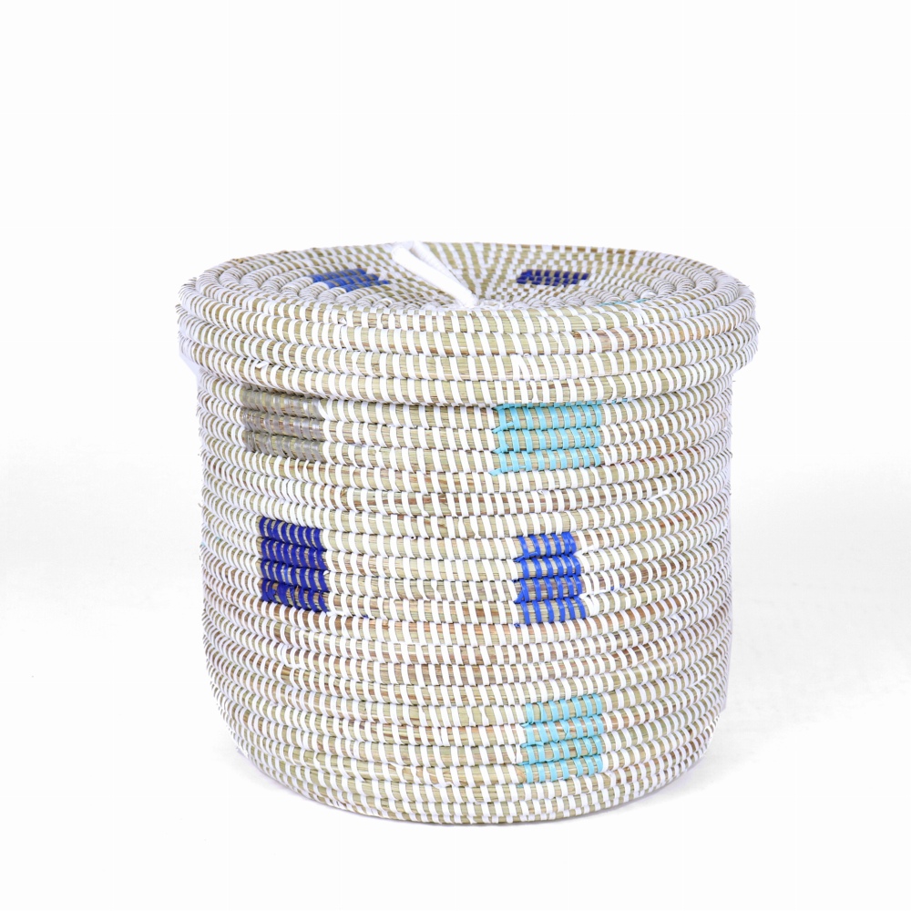 セネガル 蓋付き筒カゴ 四角窓柄 白青ターコグレー 大 24SS一点物 @6800→5440