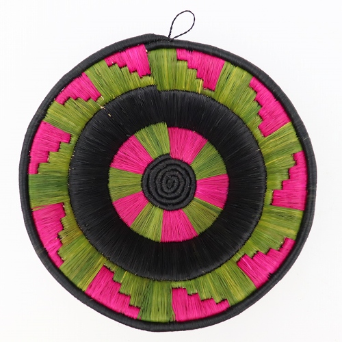 ウガンダバスケット 二重編み 径25 黒グリーンピンク