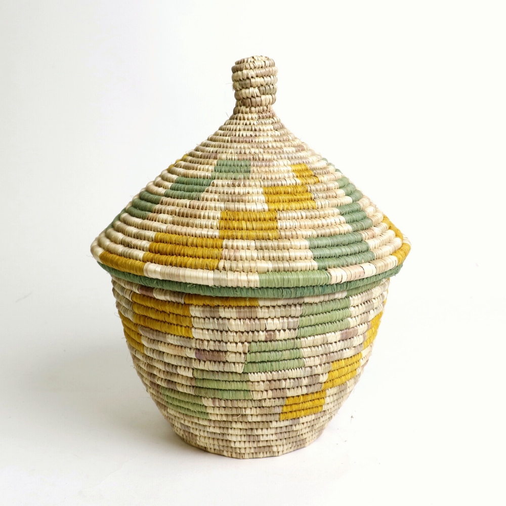 キビの葉ルボナ蓋つきかご オール天然染め 長方形柄 黄x緑 中 24SS一点物 @8100→6480