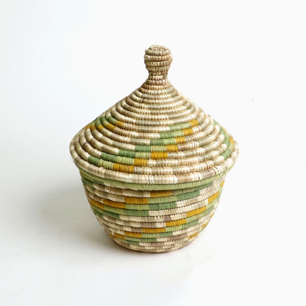 キビの葉ルボナ蓋つきかご オール天然染め 長方形柄 黄x緑 小