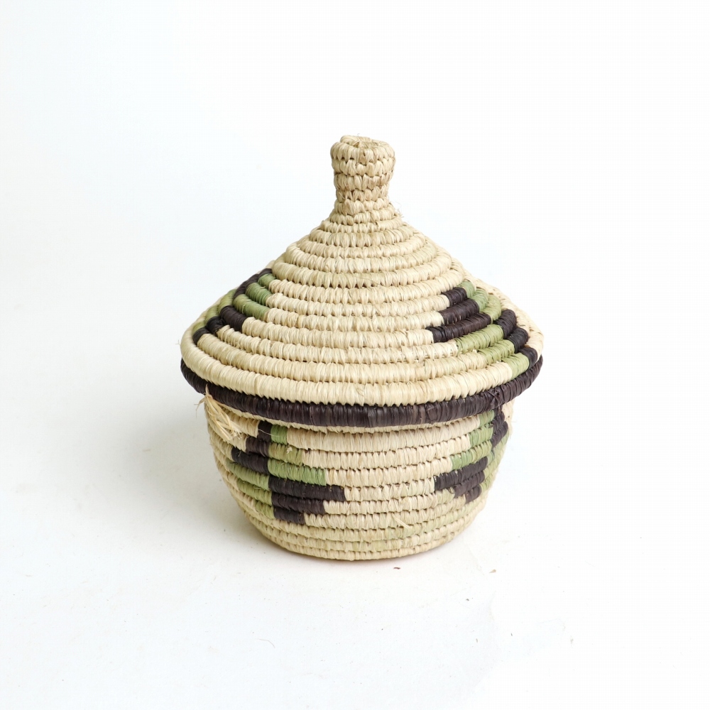 キビの葉ルボナ蓋つきかご オール天然染め ミニ ダイヤ柄 黒x緑