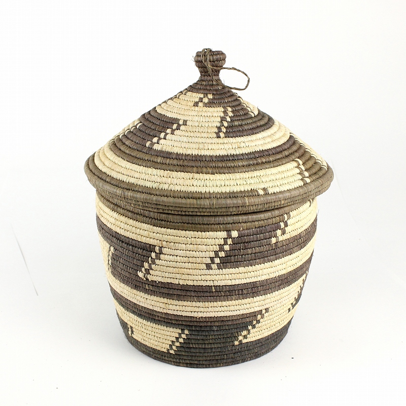 ブウィンディ ゴリラの森ラフィアの葉バトゥワバスケット 蓋付 ジグザグ 生成xハーブ