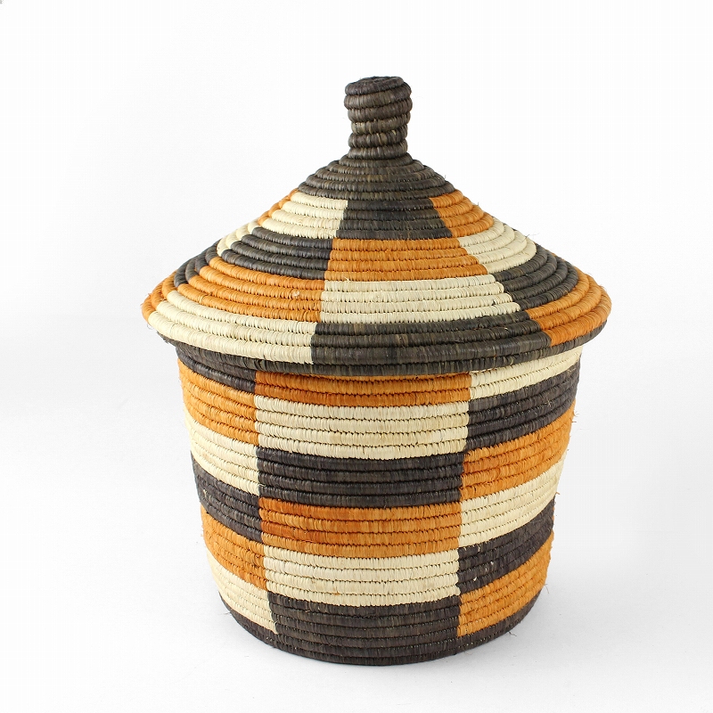 ブウィンディ ゴリラの森ラフィアの葉バトゥワバスケット 蓋付 四角 生成x芋xハーブ