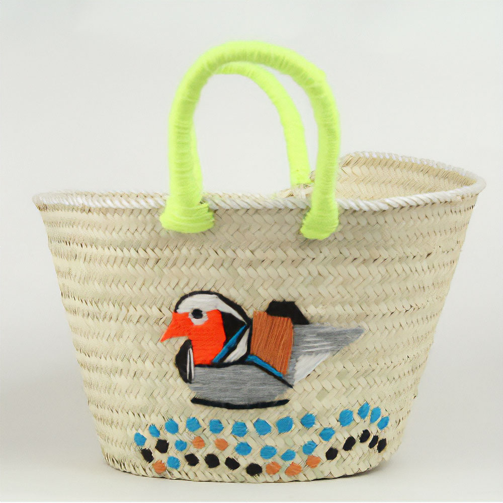 チュニジア刺繍バスケット S カルガモ ハンドルネオンイエロー