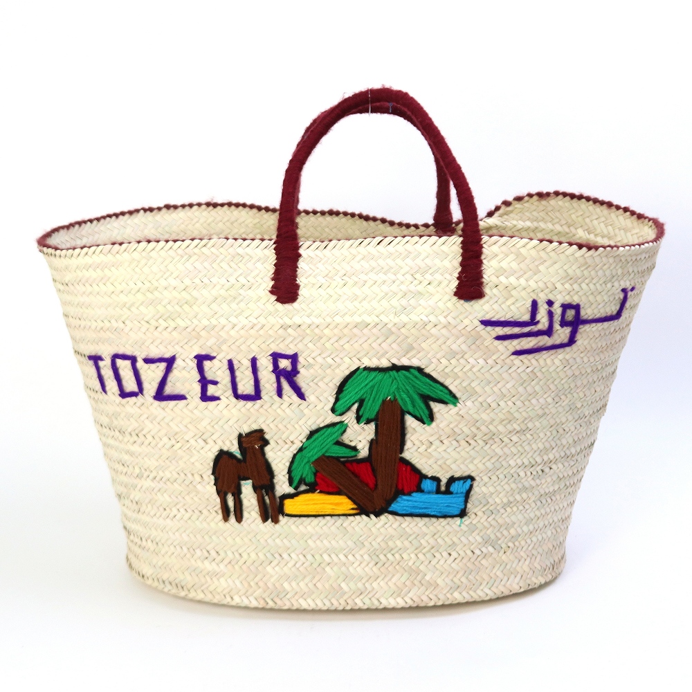 チュニジア刺繍バスケット 楕円底 ハンドル 茶
