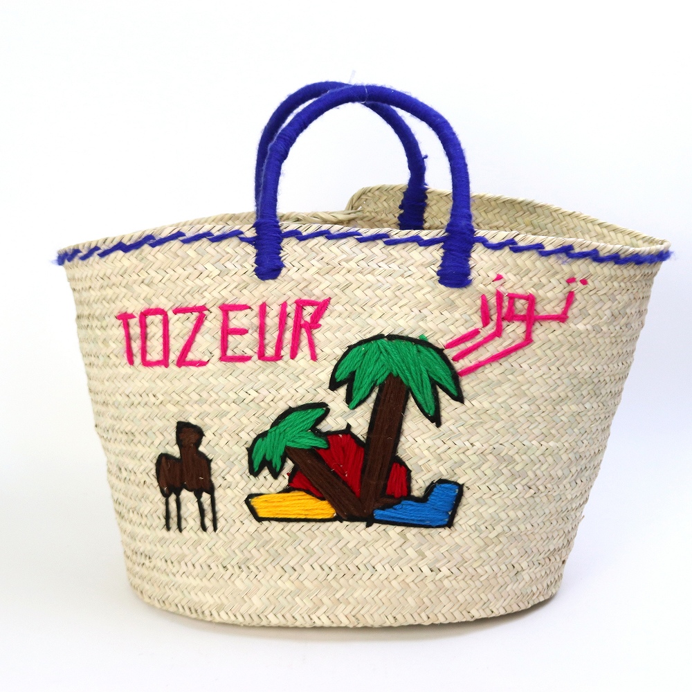 チュニジア刺繍バスケット 楕円底 ハンドル 青