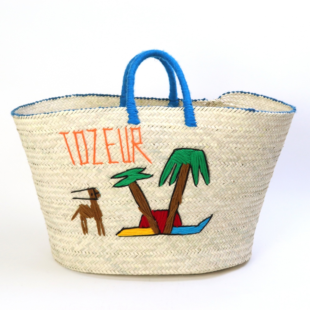 チュニジア刺繍バスケット 楕円底 ハンドル ターコ