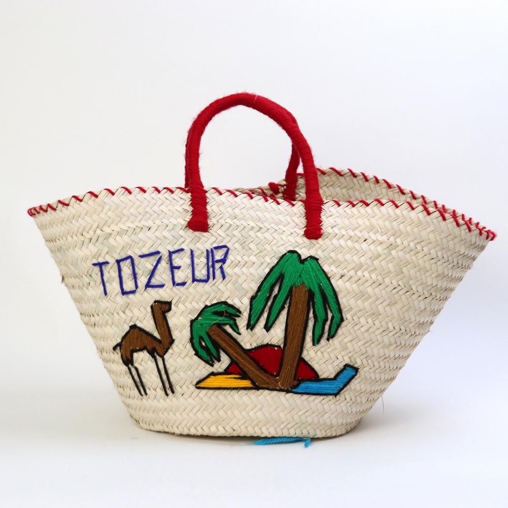 チュニジア刺繍バスケット 丸底 ハンドル 赤