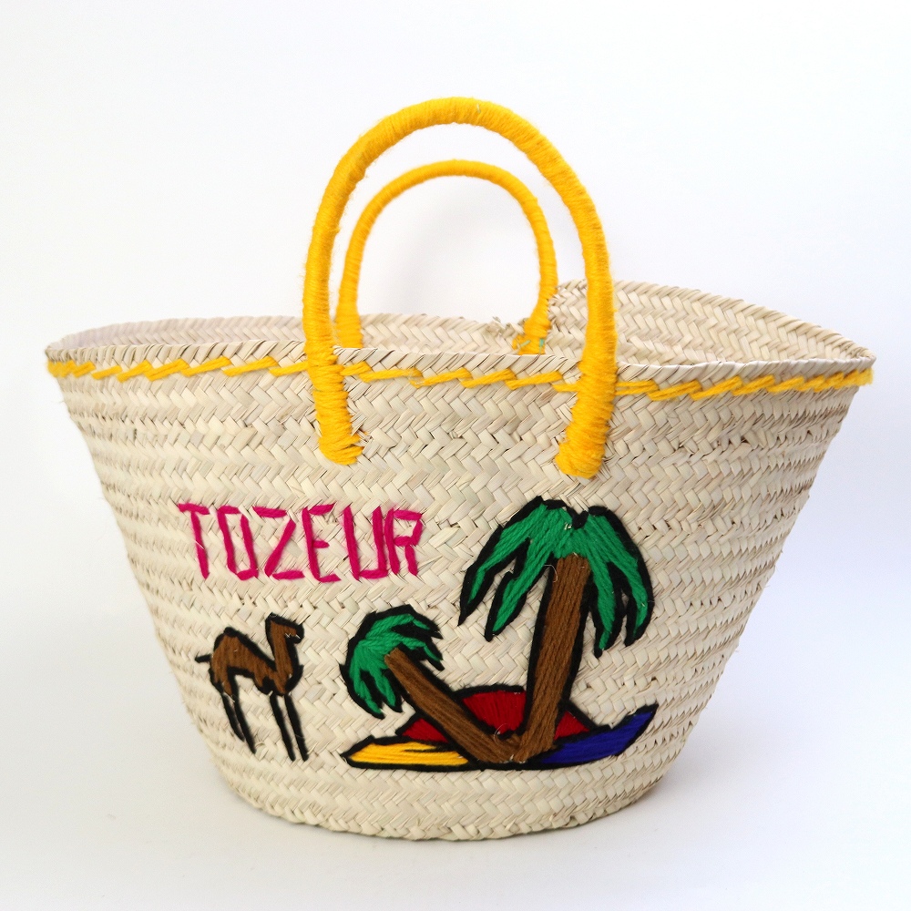 チュニジア刺繍バスケット 丸底 ハンドル 黄