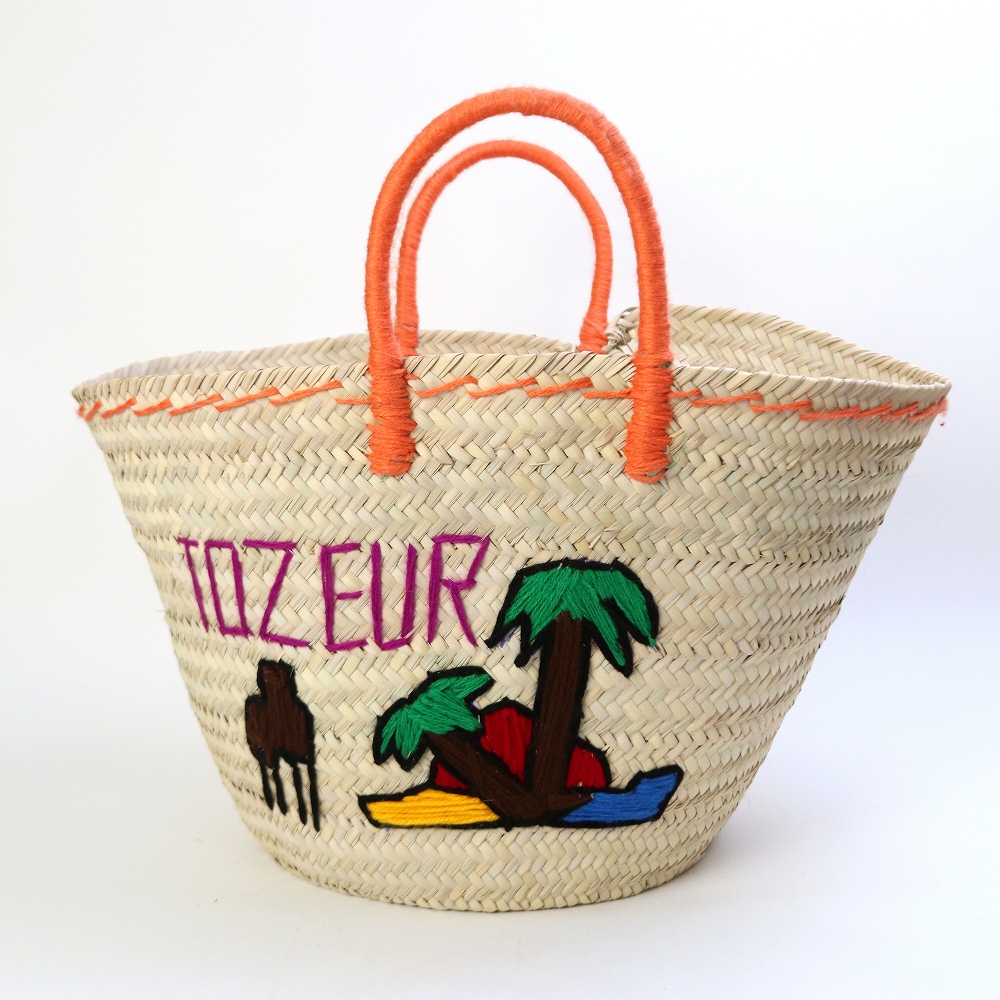 チュニジア刺繍バスケット 丸底 ハンドル オレンジ