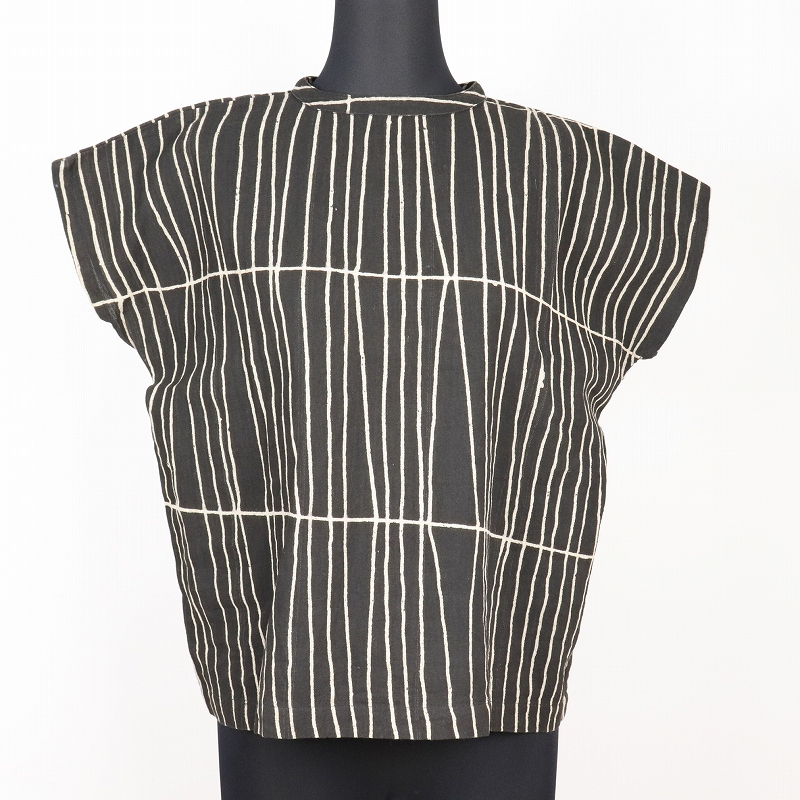 【受注】泥染フレンチスリーブシャツ 後ろボタン 黒地白線