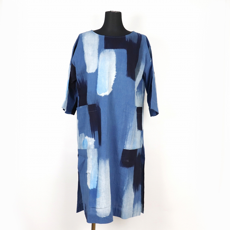 【受注】藍染ゆったりトップスロング丈 おおらか筆模様