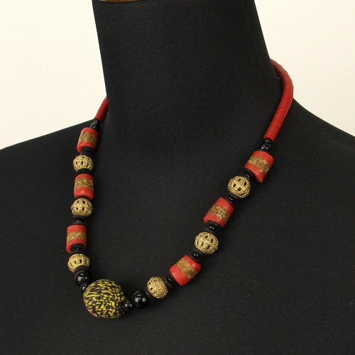 再生ヘッド真鍮玉再生ビーズネックレス 01 一点物