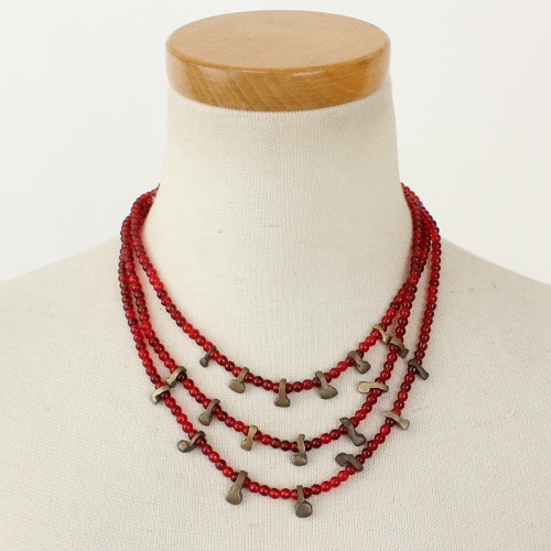 落花生型ブロンズ付3連ネックレス 赤01 一点物