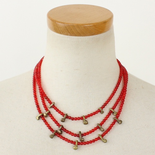 落花生型ブロンズ付3連ネックレス 赤02 一点物