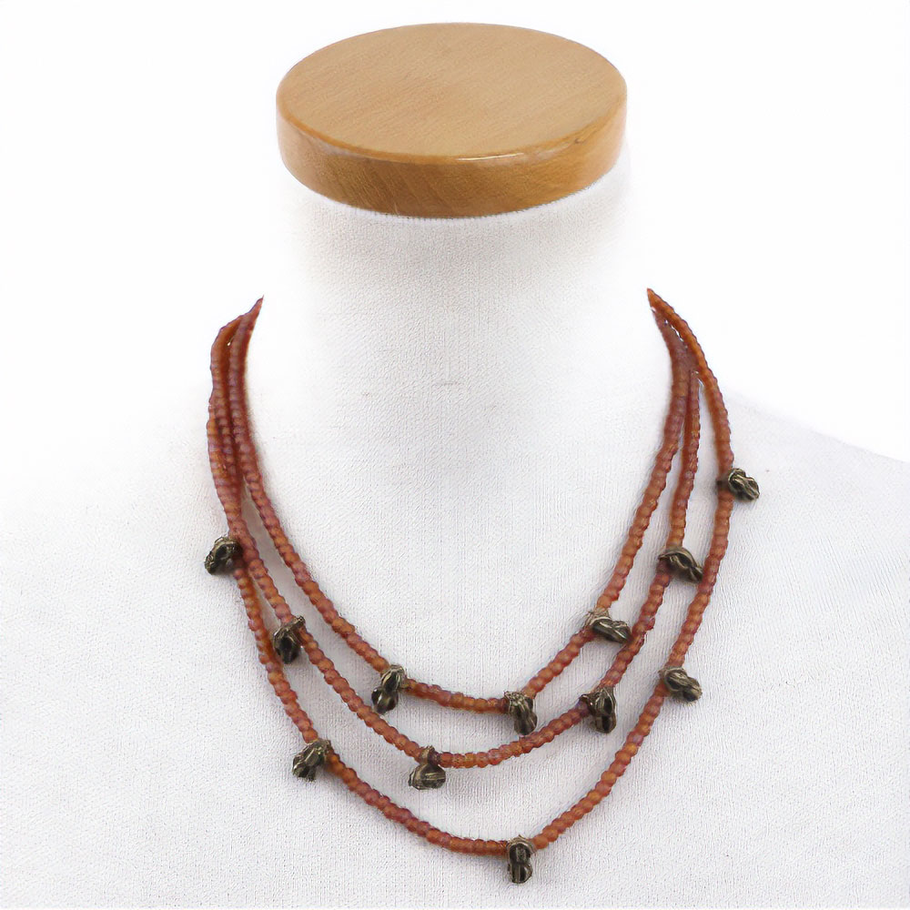 3連小ビーズ真鍮豆ネックレス　茶 一点もの