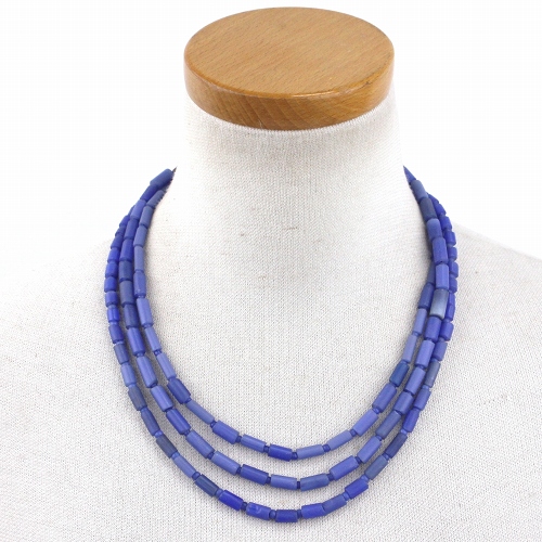 ヨルバ青ビーズ3連ネックレス 一点もの