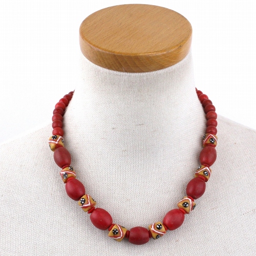 赤・黄色ビーズネックレス 一点もの