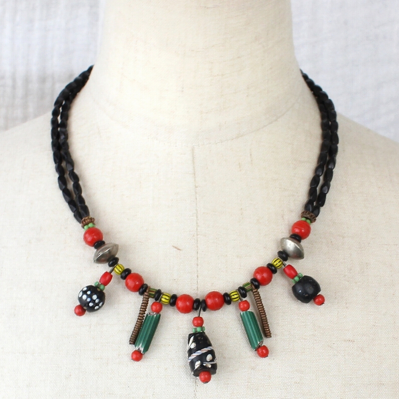 *5古ビーズ2重黒ビーズネックレス 一点物