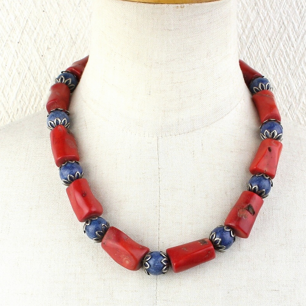 山サンゴネックレス ラピス 01 一点物