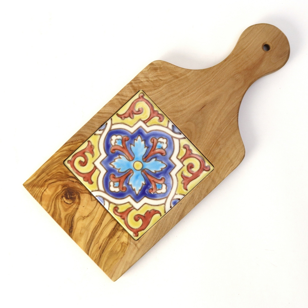 オリーブ木 カッティングボード タイル黄