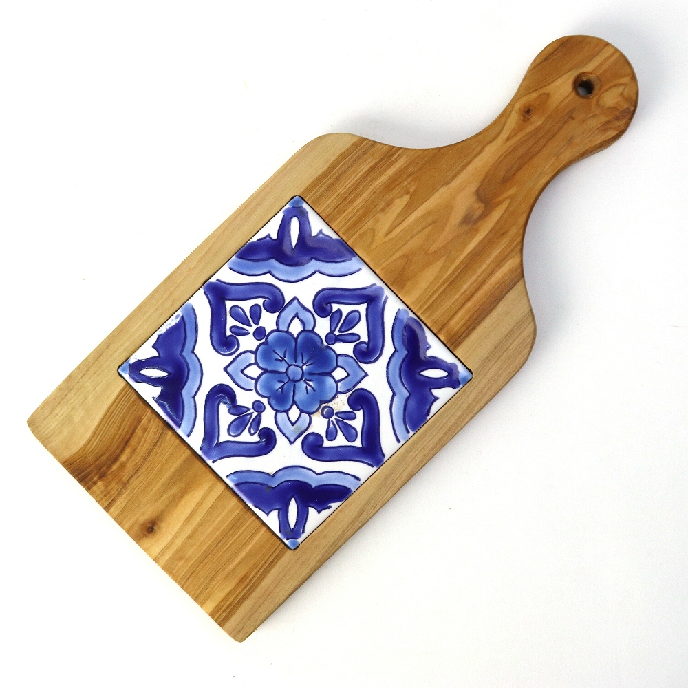 オリーブ木 カッティングボード タイル青