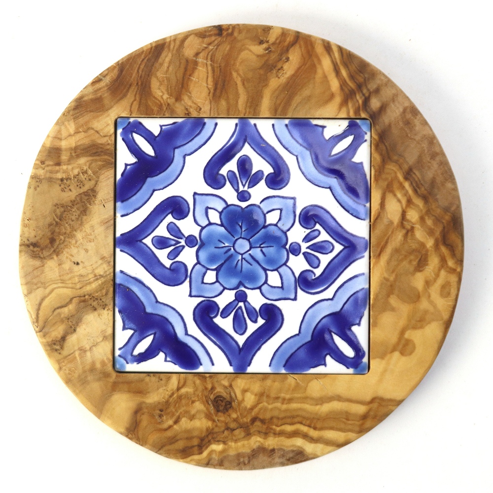 オリーブ木 鍋敷き 丸 タイル青