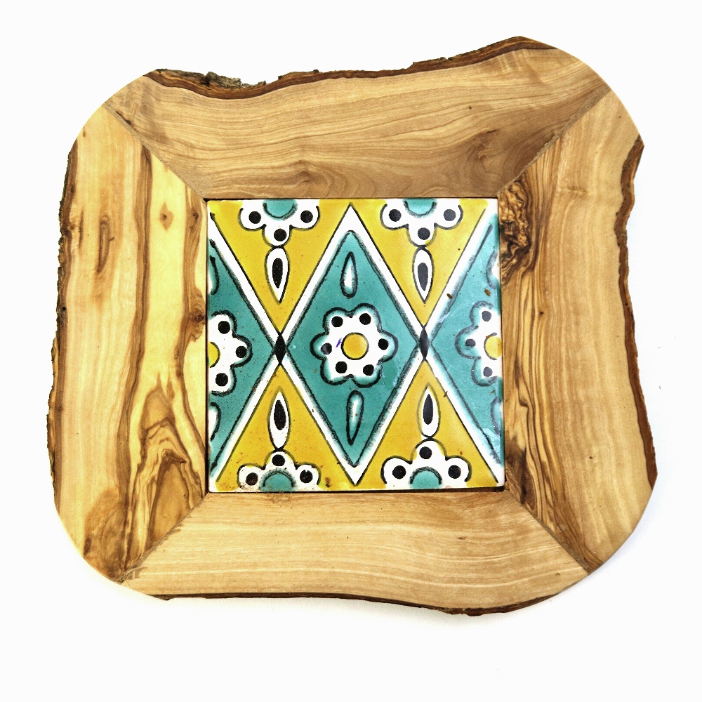 オリーブ木 タイル鍋敷き 10x10 _10