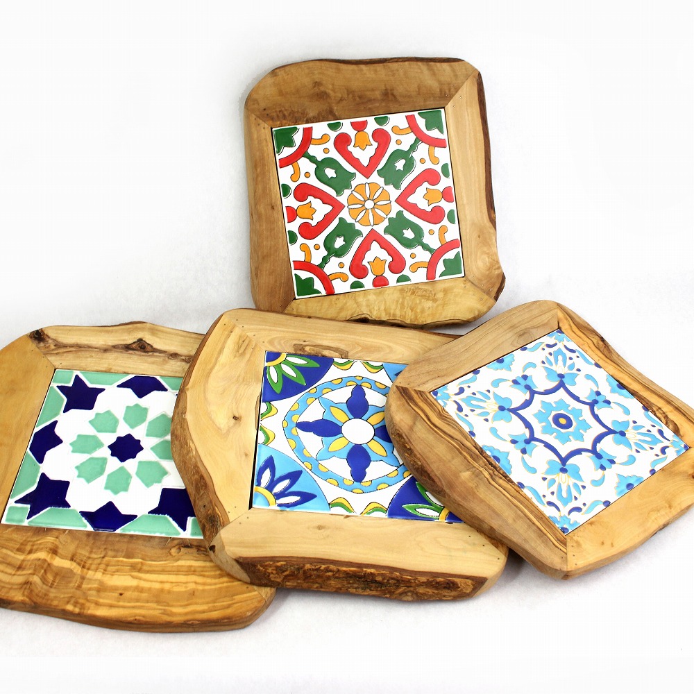 オリーブ木 タイル鍋敷き 15x15　アソート